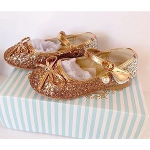 Girls Kids Flat Dress Shoes Size 9 Golden Shiny Princess Wedding Party Beaded